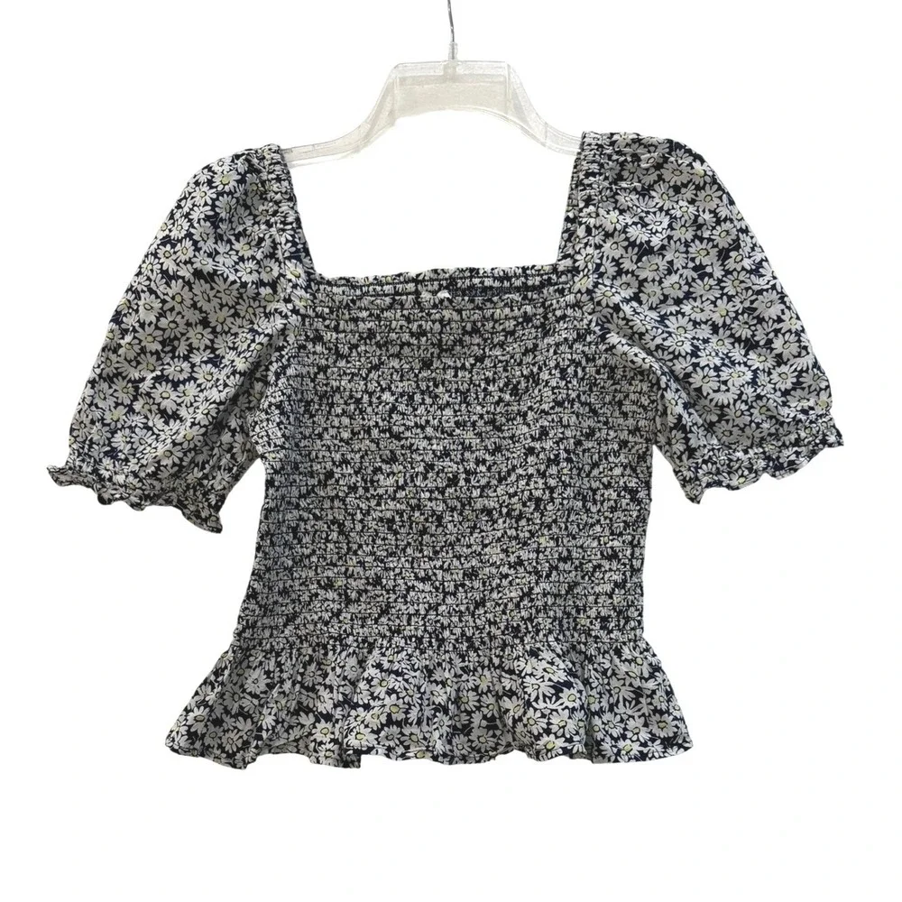 J.Crew Smocked Peplum Top Women's XS Navy Blue Daisy Floral Puff Sleeve Blouse